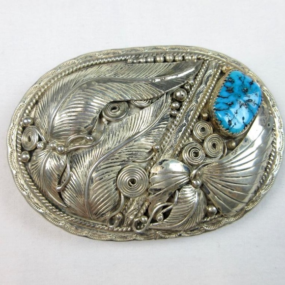 VTG  Signed Navajo Silver Turquoise Belt Buckle - Picture 5 of 10